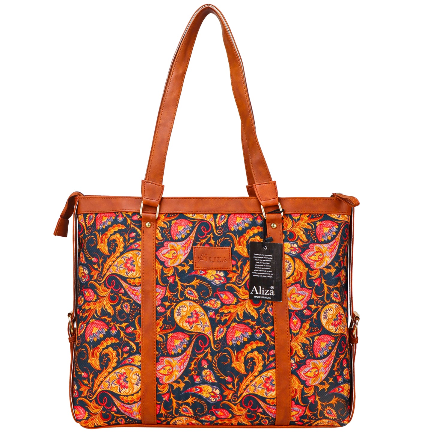 Gardinia Floral Canvas Striped Vegan Leather Tote Bag - Brown