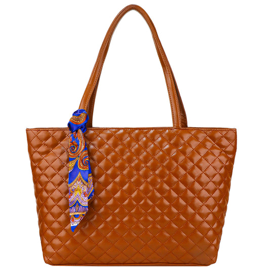 Blossom Vegan Leather Quilted Tote Bag - Brown