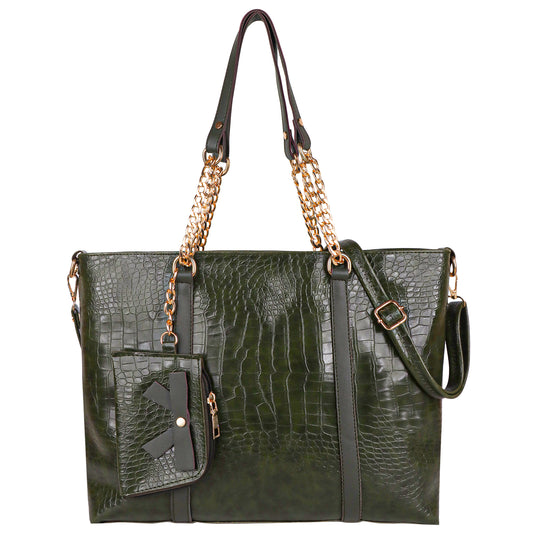 Callista Croco Vegan Leather Tote Bag with Money Pouch - Green