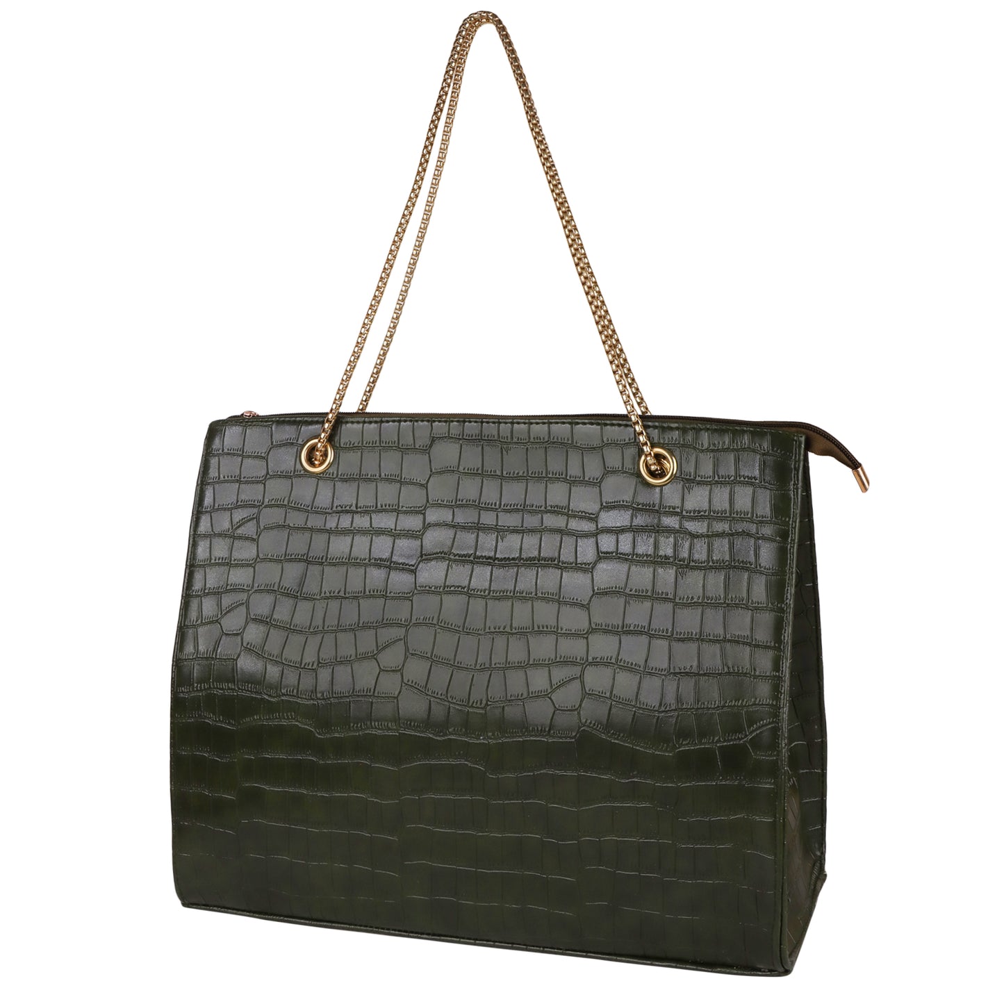 Croco Aurora Vegan Leather Tote Bag with Chain Straps - Green