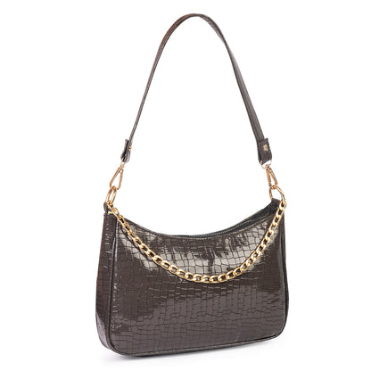 Princess Crescent Vegan Leather Snake Skin Shoulder Bag - Grey