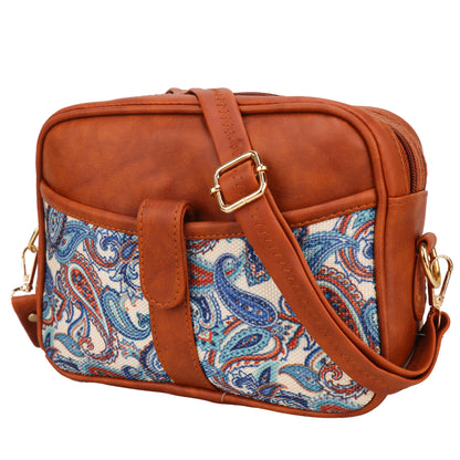 Ms. Elegant Paisley Printed Vegan Leather Sling Bag - Blue