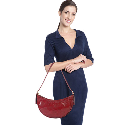 Crescent Moon Vegan Leather Snake Skin Shoulder Bag - Maroon