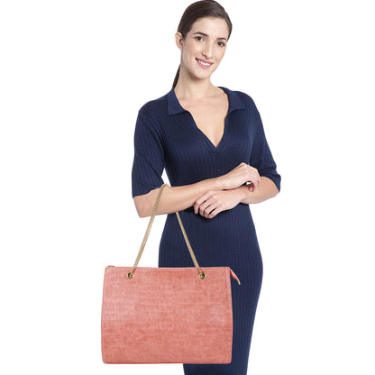 Croco Aurora Vegan Leather Tote Bag with Chain Straps - Peach