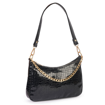 Princess Crescent Vegan Leather Snake Skin Shoulder Bag - Black