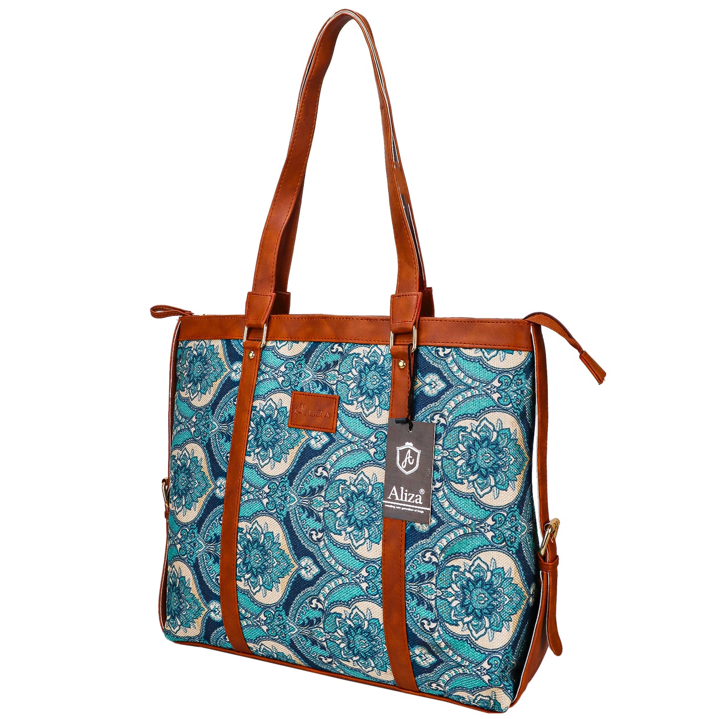 Gardinia Floral Canvas Striped Vegan Leather Tote Bag - Blue