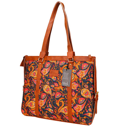 Gardinia Floral Canvas Striped Vegan Leather Tote Bag - Brown