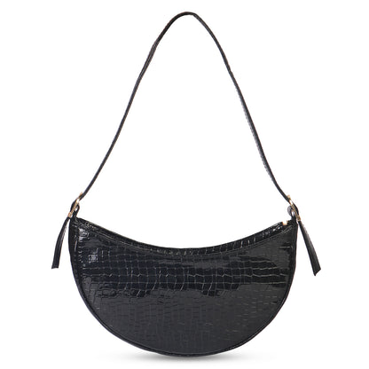 Crescent Moon Vegan Leather Snake Skin Shoulder Bag - Black