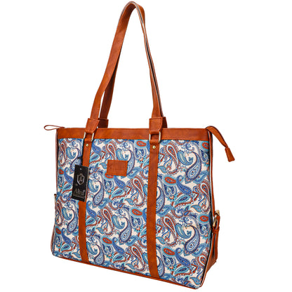 Gardinia Floral Canvas Striped Vegan Leather Tote Bag - Sky Blue