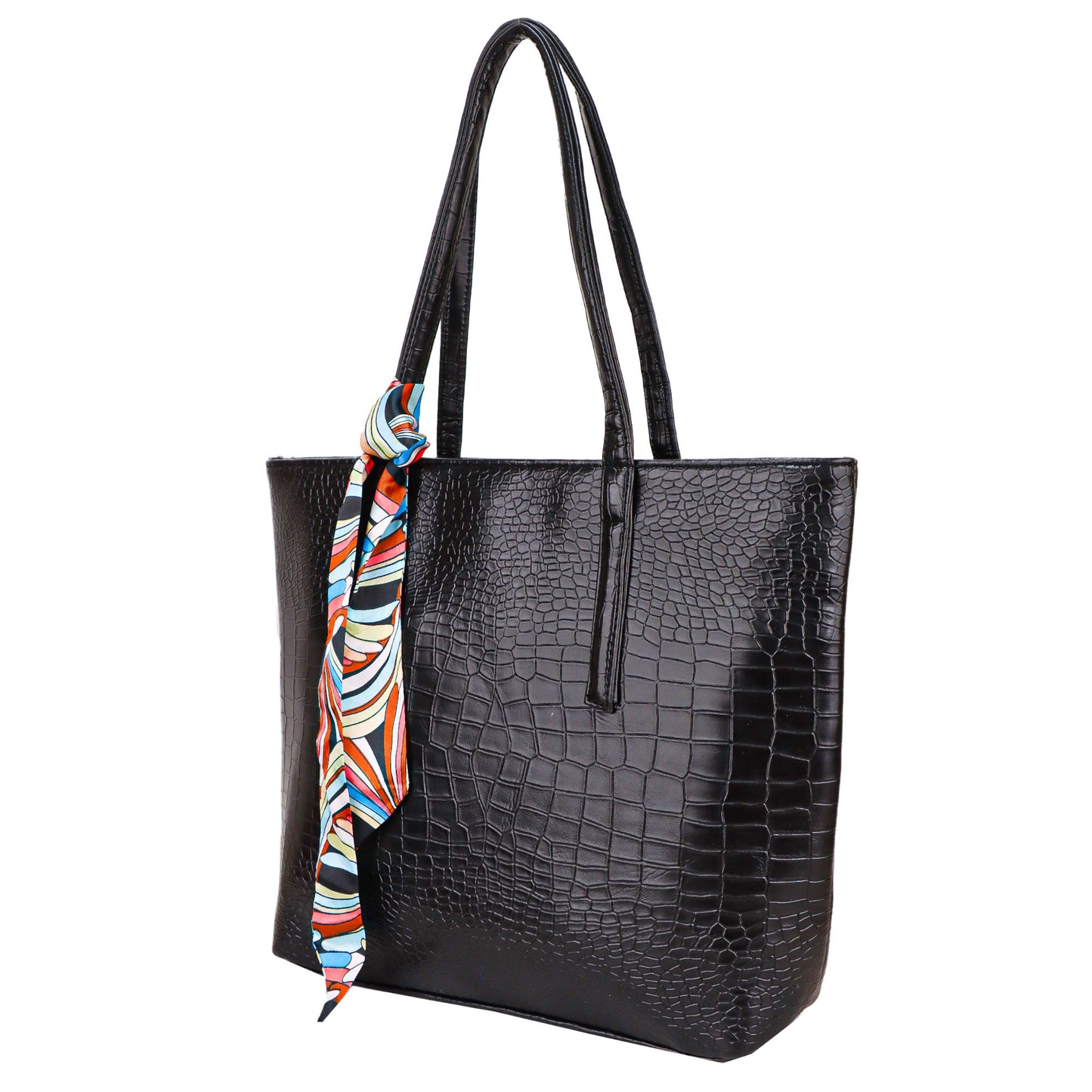 Croco Bloom Vegan Leather Tote Bag - Black