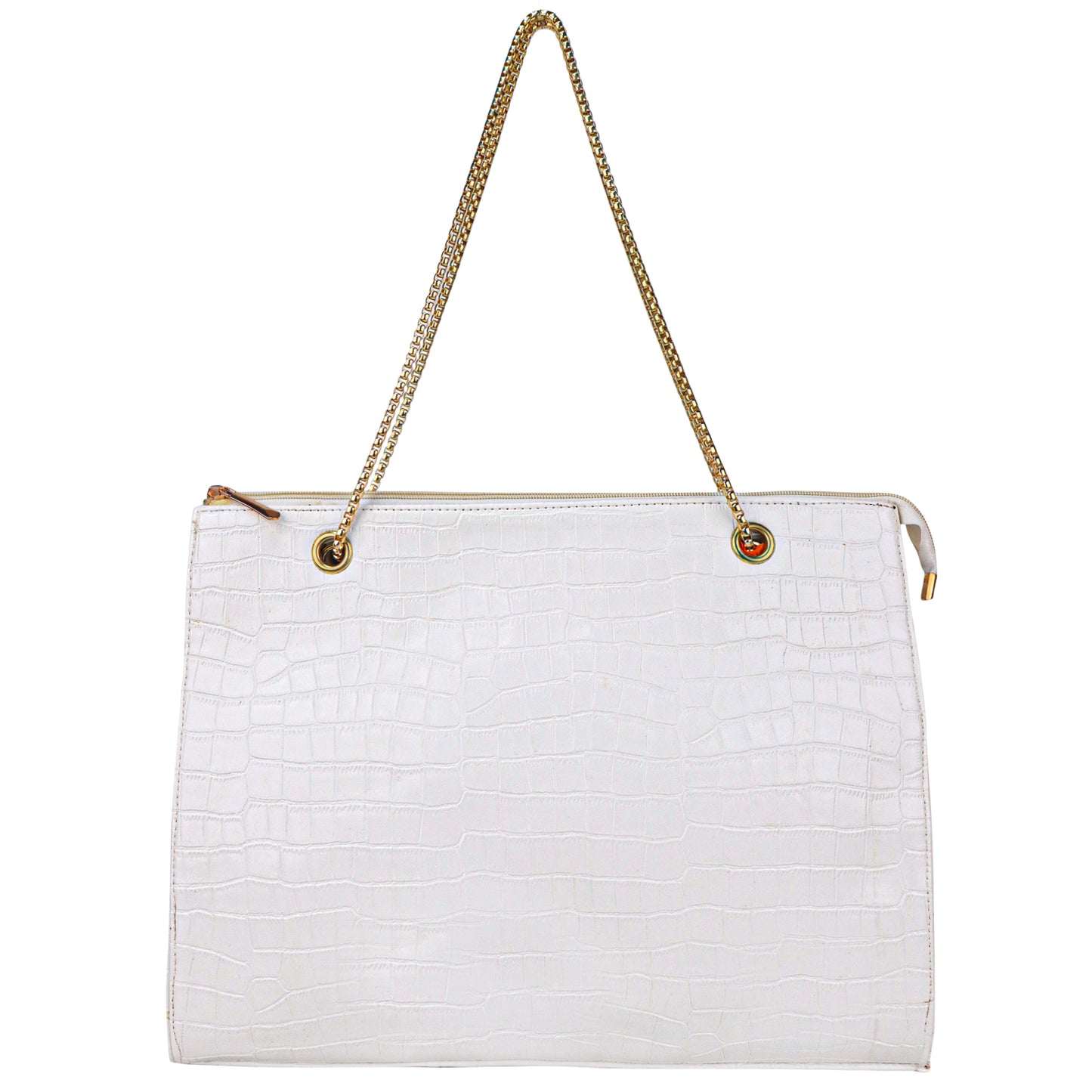 Croco Aurora Vegan Leather Tote Bag with Chain Straps - White