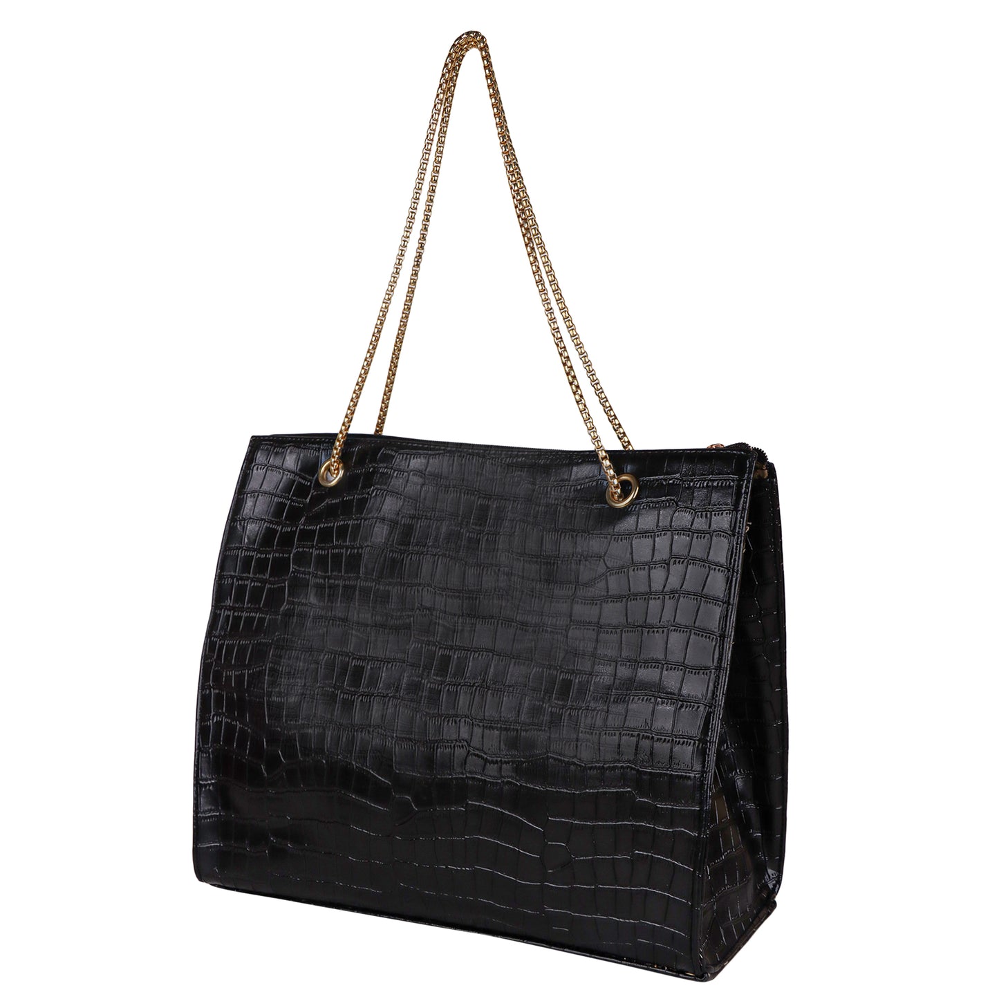 Croco Aurora Vegan Leather Tote Bag with Chain Straps - Black