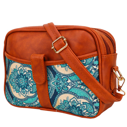 Ms. Elegant Paisley Printed Vegan Leather Sling Bag - Sky Blue