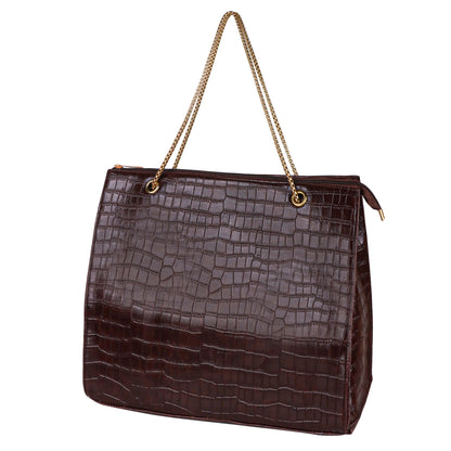 Croco Aurora Vegan Leather Tote Bag with Chain Straps - Brown