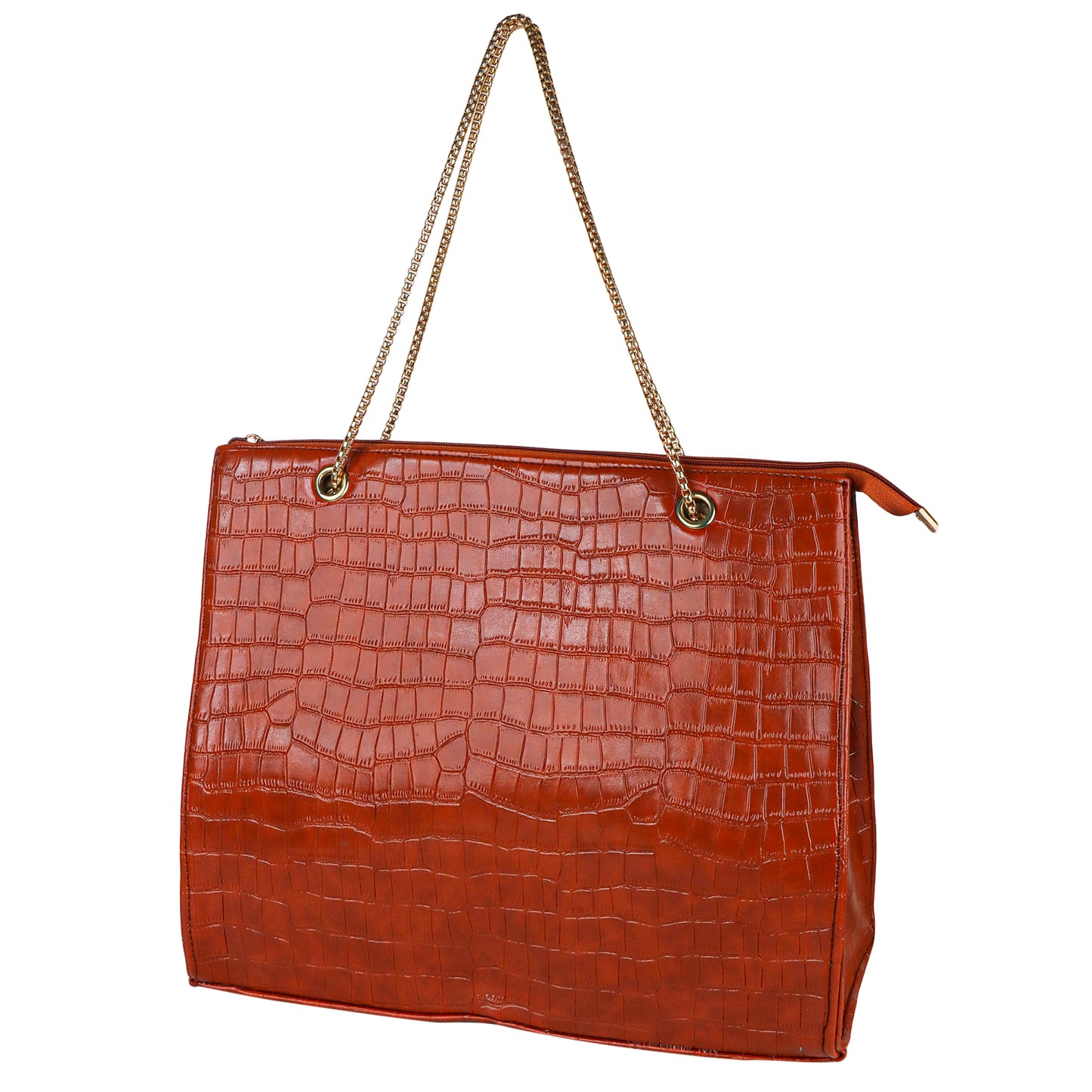 Croco Aurora Vegan Leather Tote Bag with Chain Straps - Tan