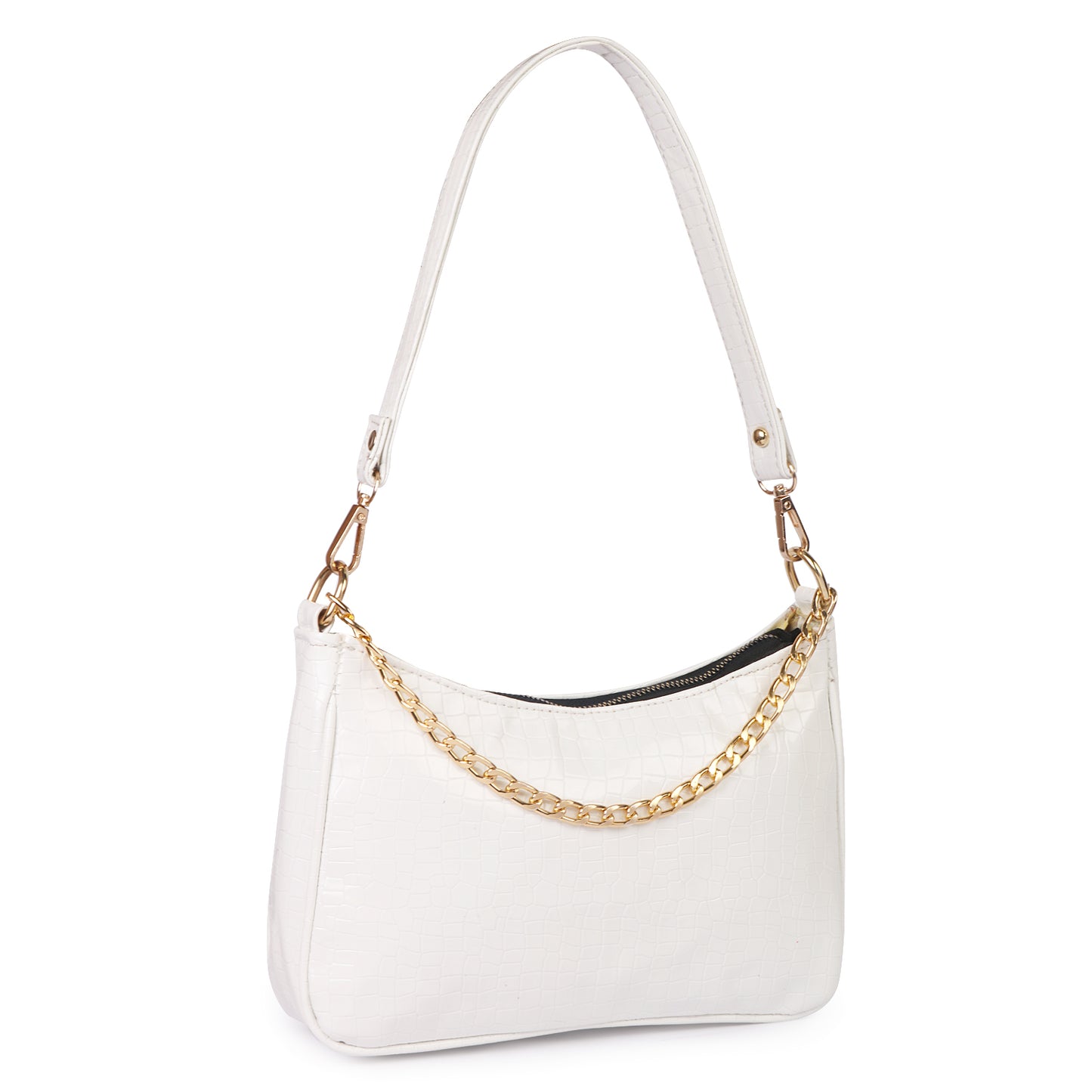 Princess Crescent Vegan Leather Snake Skin Shoulder Bag - White