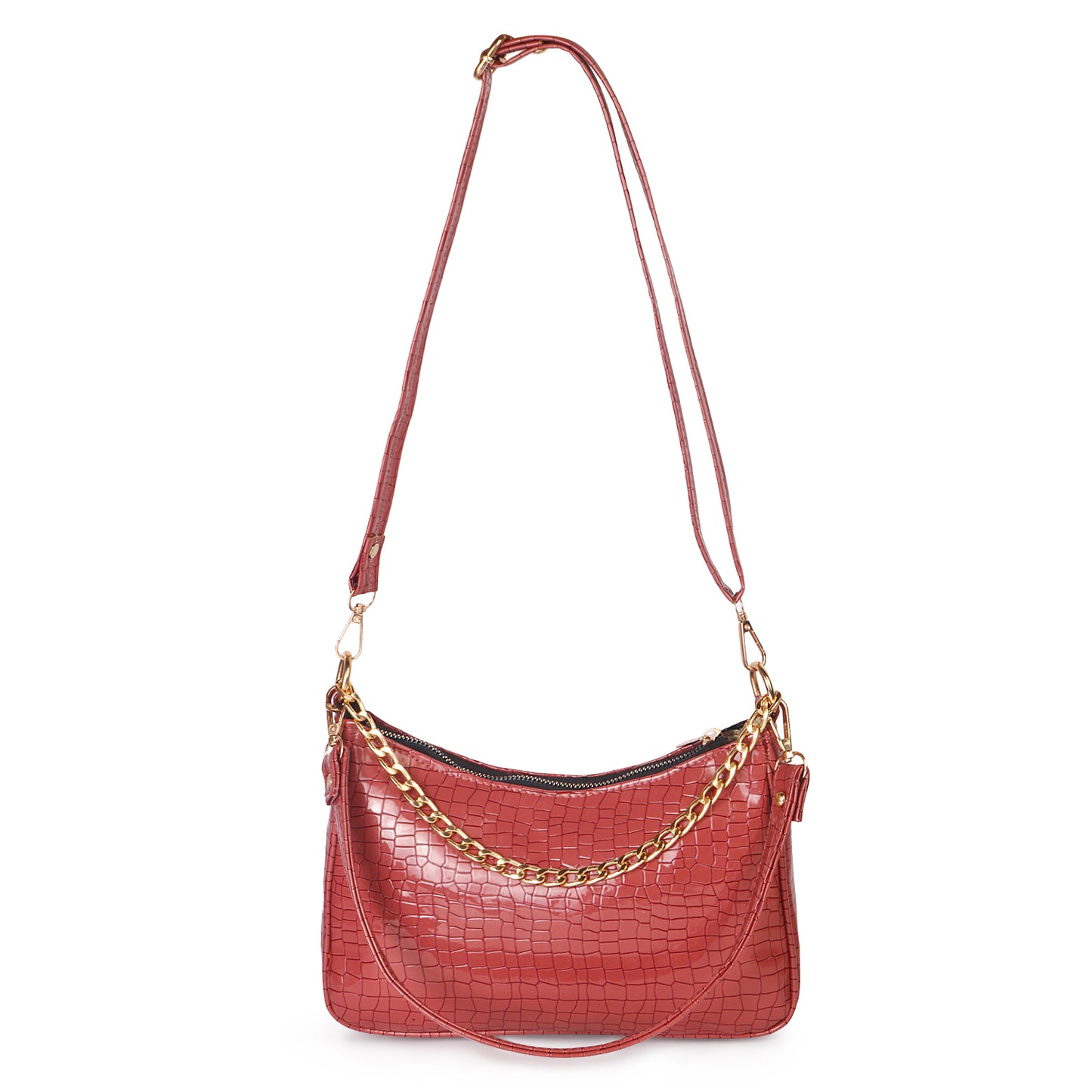 Princess Crescent Vegan Leather Snake Skin Shoulder Bag - Red