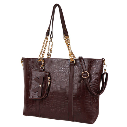 Callista Croco Vegan Leather Tote Bag with Money Pouch - Brown