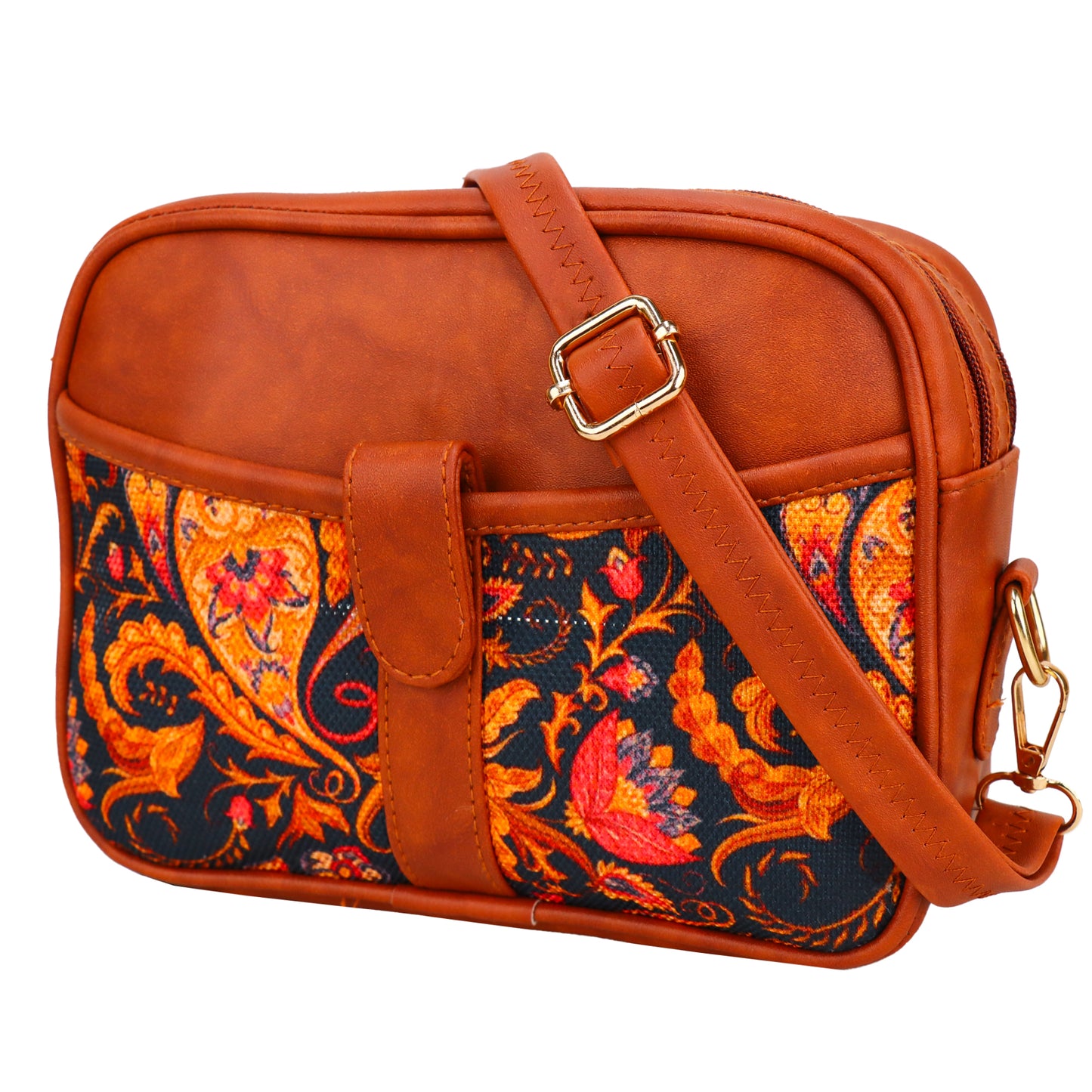 Ms. Elegant Paisley Printed Vegan Leather Sling Bag - Brown