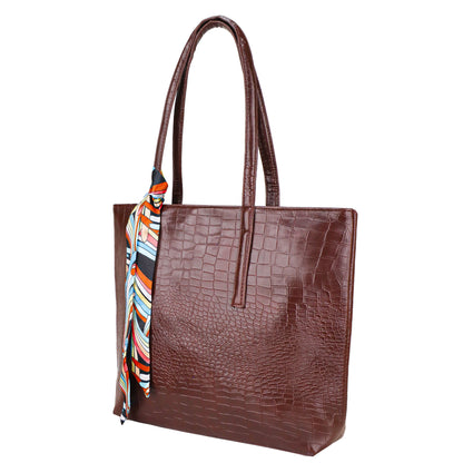 Croco Bloom Vegan Leather Tote Bag - Brown