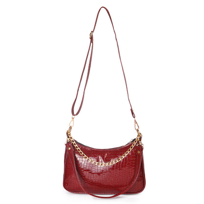 Princess Crescent Vegan Leather Snake Skin Shoulder Bag - Maroon