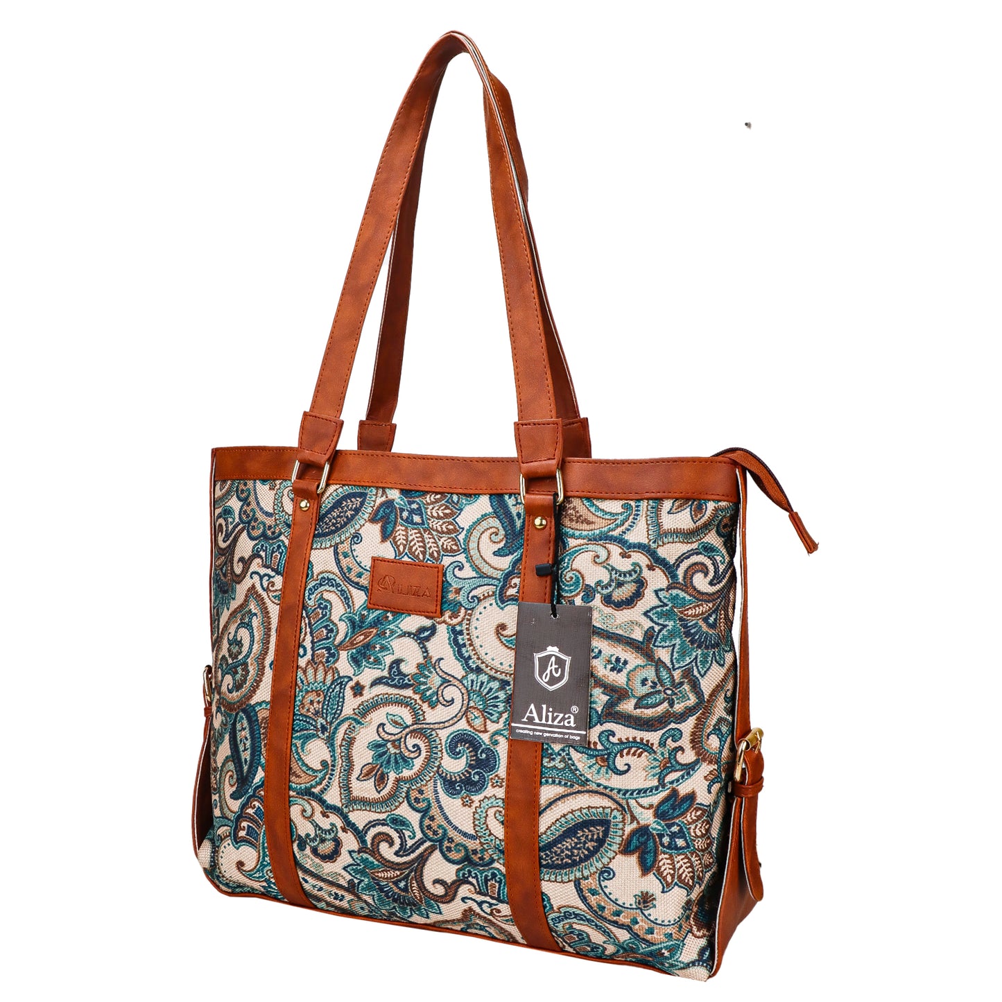 Gardinia Floral Canvas Striped Vegan Leather Tote Bag - Green