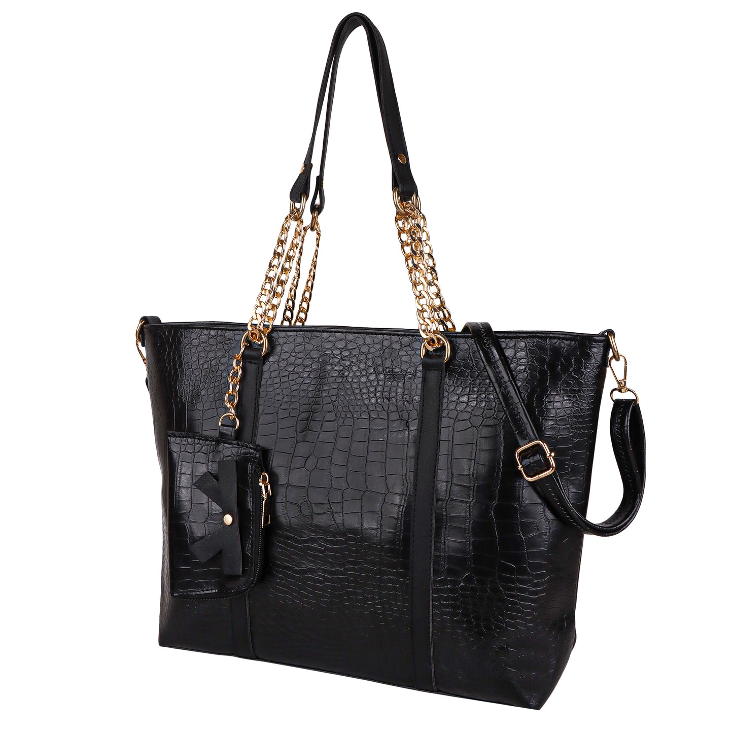 Callista Croco Vegan Leather Tote Bag with Money Pouch - Black