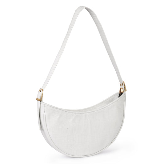 Crescent Moon Vegan Leather Snake Skin Shoulder Bag - White