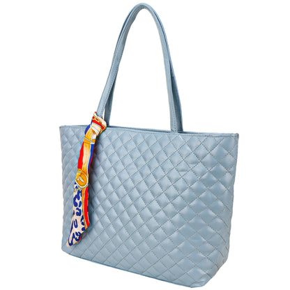 Blossom Vegan Leather Quilted Tote Bag - Blue