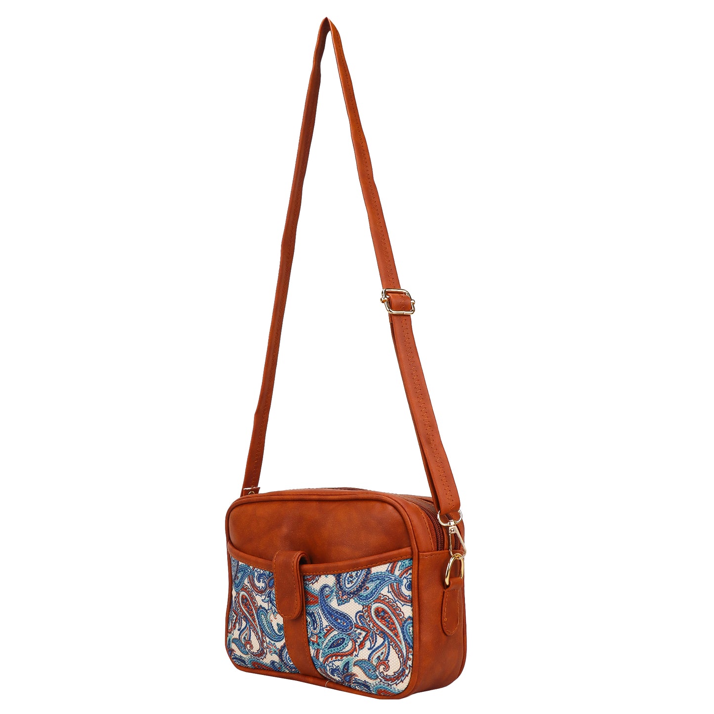 Ms. Elegant Paisley Printed Vegan Leather Sling Bag - Blue