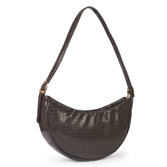 Crescent Moon Vegan Leather Snake Skin Shoulder Bag - Grey