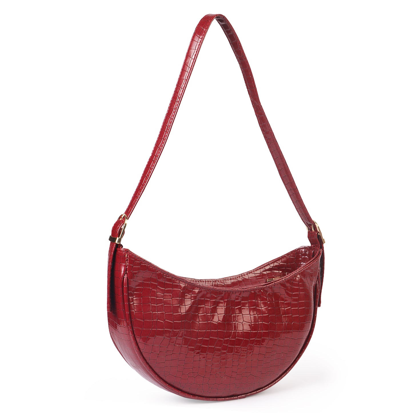 Crescent Moon Vegan Leather Snake Skin Shoulder Bag - Maroon