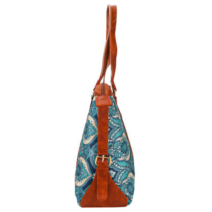 Gardinia Floral Canvas Striped Vegan Leather Tote Bag - Blue