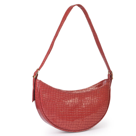 Crescent Moon Vegan Leather Snake Skin Shoulder Bag - Red