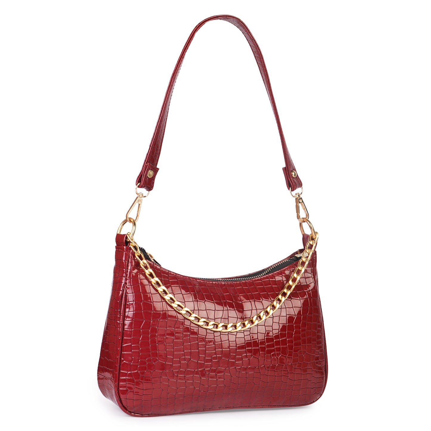 Princess Crescent Vegan Leather Snake Skin Shoulder Bag - Maroon