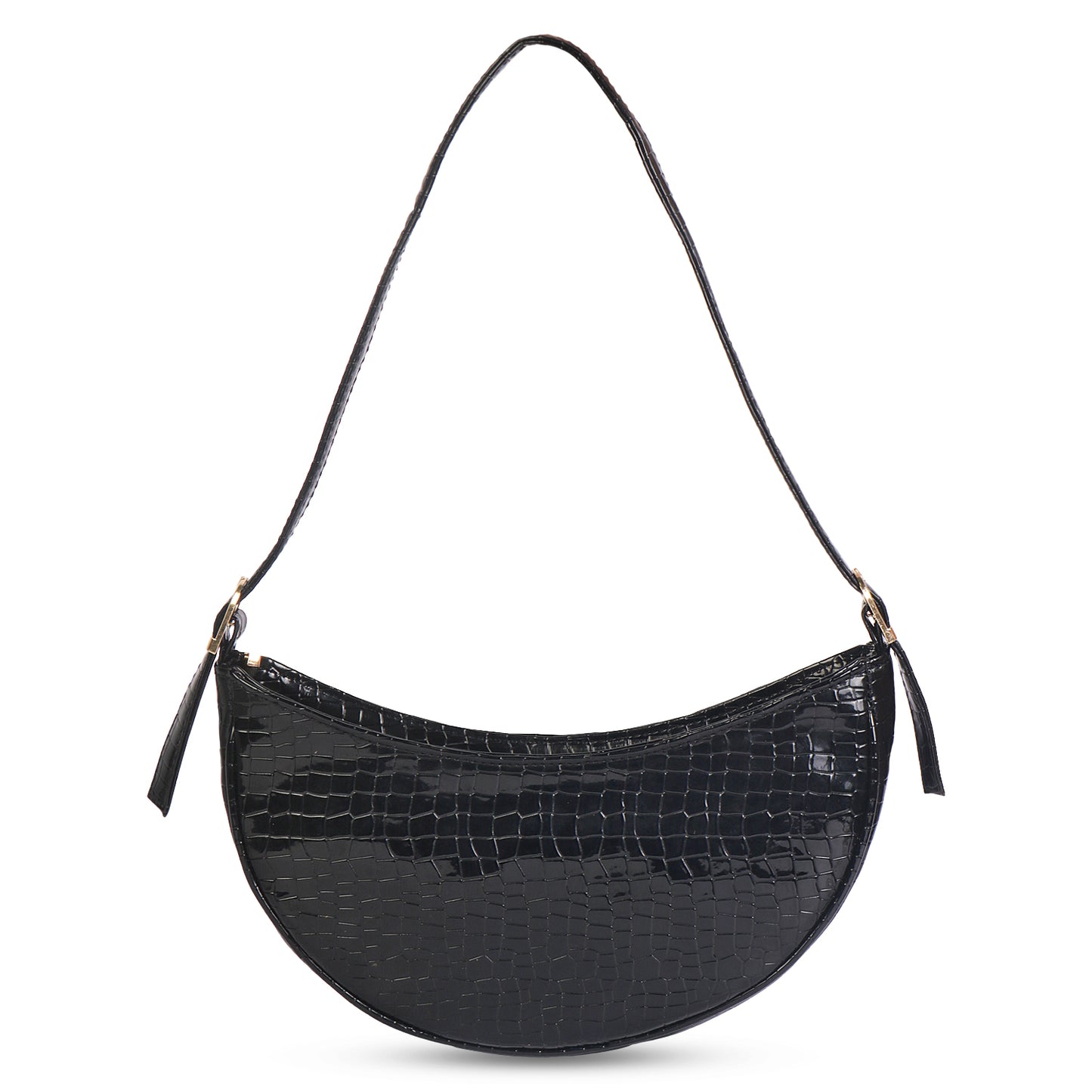 Crescent Moon Vegan Leather Snake Skin Shoulder Bag - Black