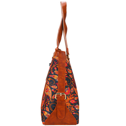 Gardinia Floral Canvas Striped Vegan Leather Tote Bag - Brown