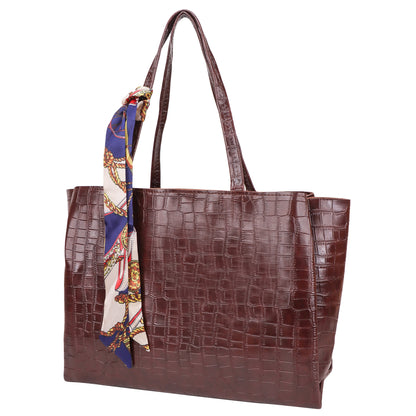 Kroko Vegan Leather 3 Compartment Tote Bag - Brown