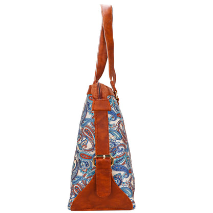 Gardinia Floral Canvas Striped Vegan Leather Tote Bag - Sky Blue