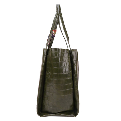 Kroko Vegan Leather 3 Compartment Tote Bag - Green