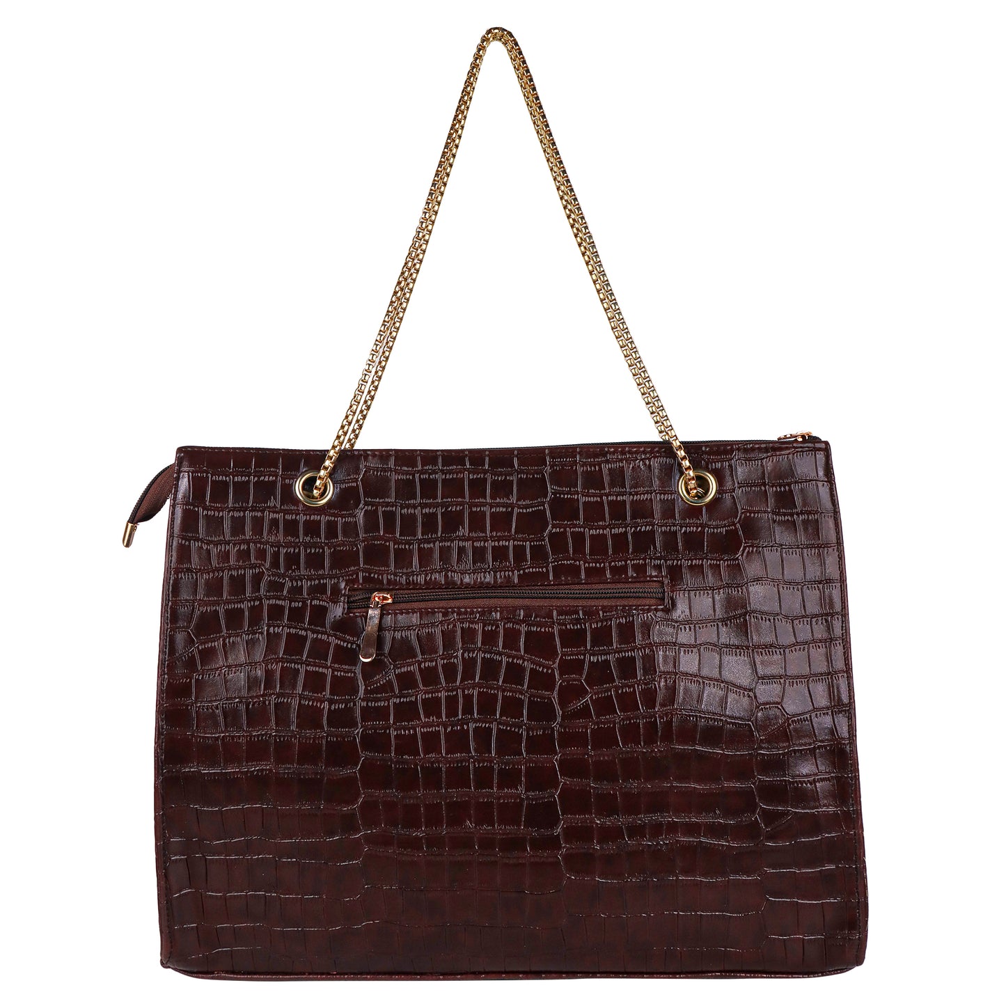 Croco Aurora Vegan Leather Tote Bag with Chain Straps - Brown