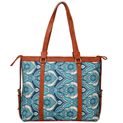 Gardinia Floral Canvas Striped Vegan Leather Tote Bag - Blue