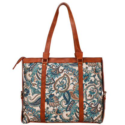 Gardinia Floral Canvas Striped Vegan Leather Tote Bag - Green