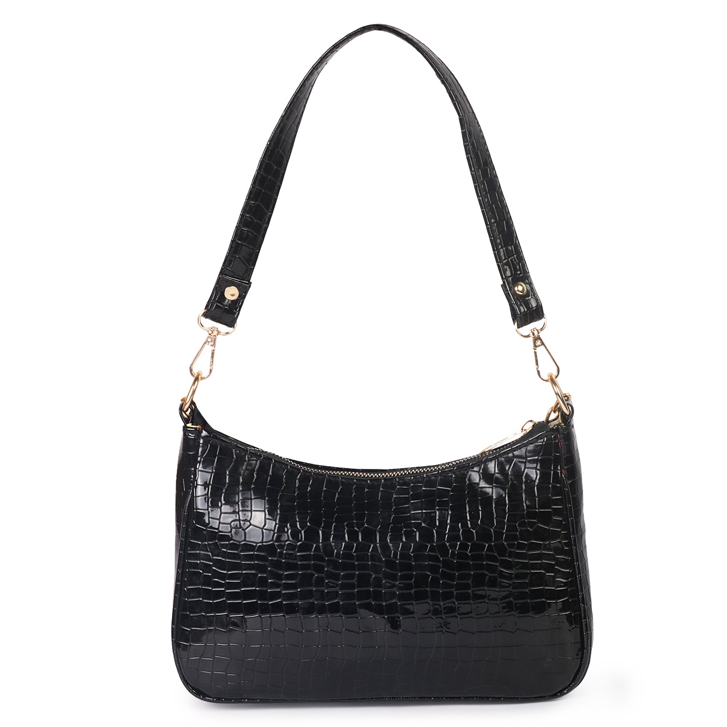 Princess Crescent Vegan Leather Snake Skin Shoulder Bag - Black