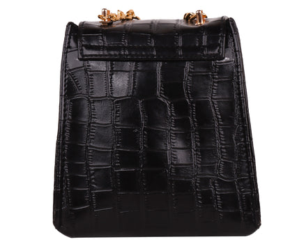 Miss Croco Vegan Leather Animal Skin Sling Bag - Black