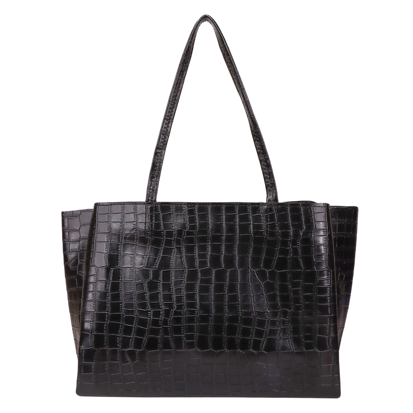 Kroko Vegan Leather 3 Compartment Tote Bag - Black