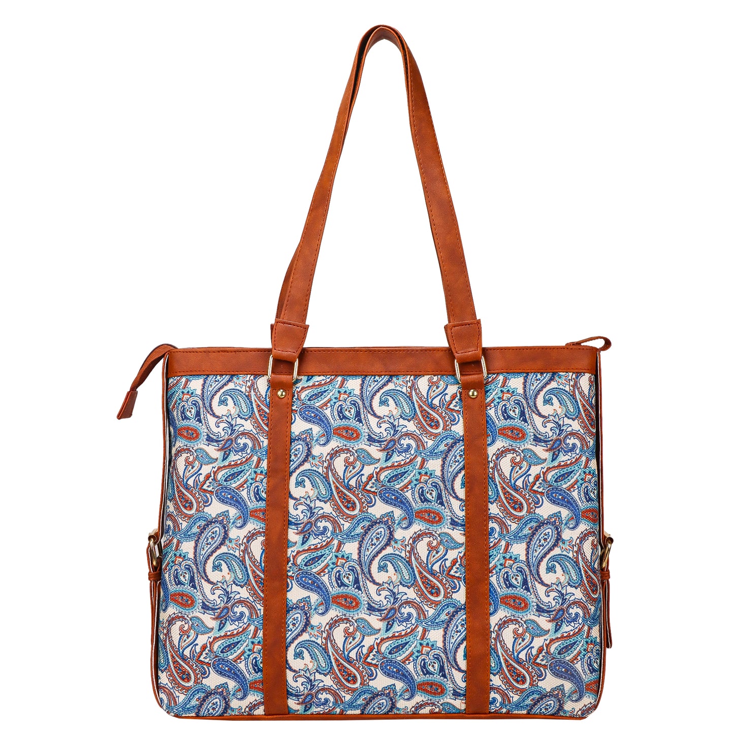 Gardinia Floral Canvas Striped Vegan Leather Tote Bag - Sky Blue