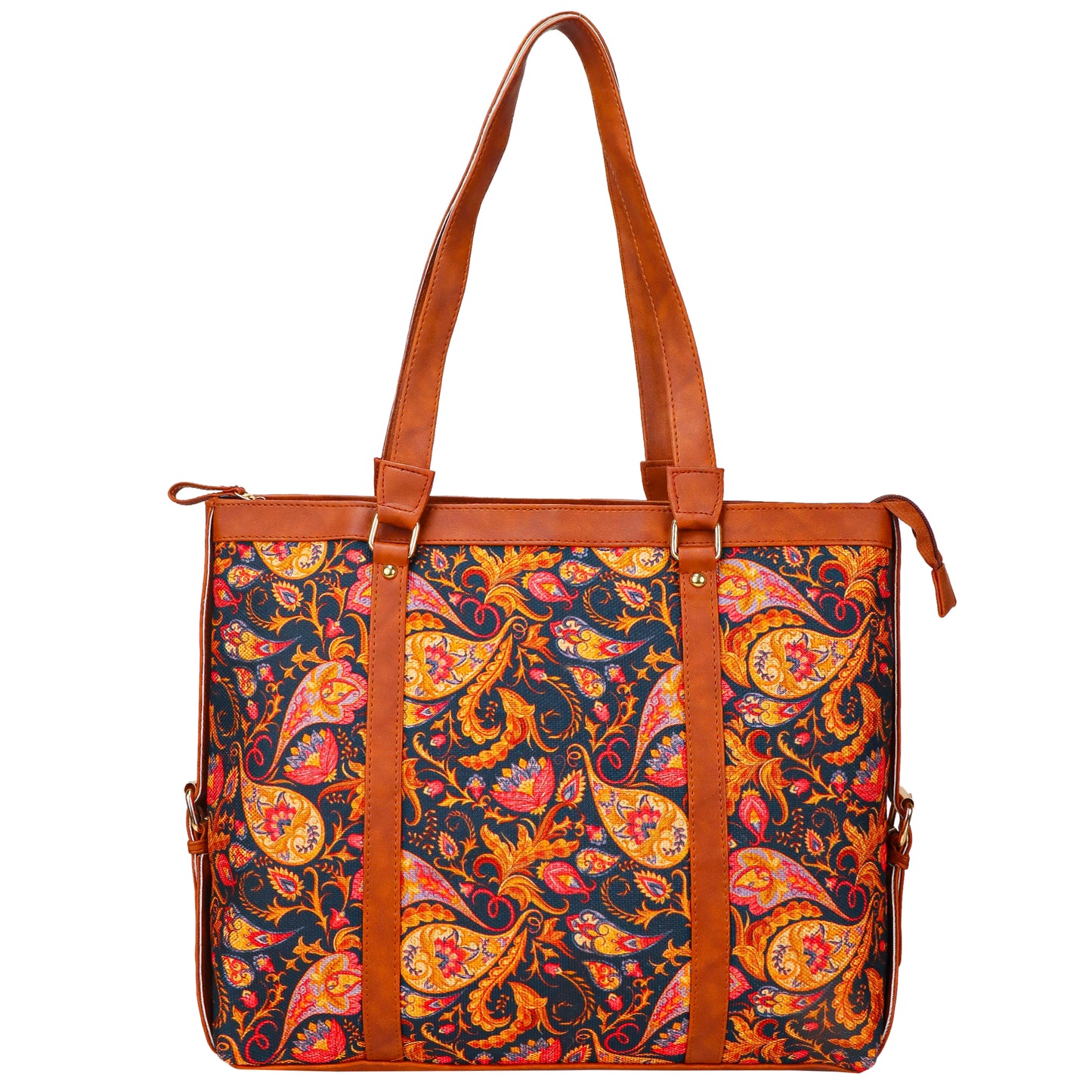 Gardinia Floral Canvas Striped Vegan Leather Tote Bag - Brown