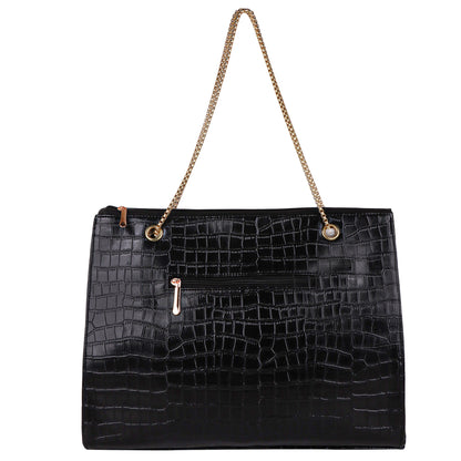 Croco Aurora Vegan Leather Tote Bag with Chain Straps - Black