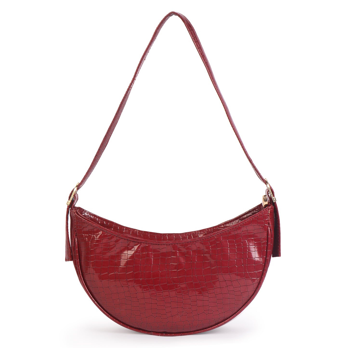 Crescent Moon Vegan Leather Snake Skin Shoulder Bag - Maroon